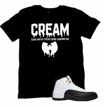 Load image into Gallery viewer, Wu Tang shirt with white letters that says CREAM cash rules everything around me.