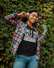 Load image into Gallery viewer, HALF HOOD HALF HOLY BLACK TSHIRT WITH WHITE LETTERS Christian shirts