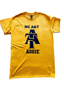 NC A&T short sleeve gold aggie shirt with navy blue A&T logo