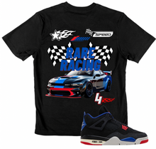 Load image into Gallery viewer, Black t-shirt with racing car design and matching Jordan Rare Air 4 sneaker on a white background
