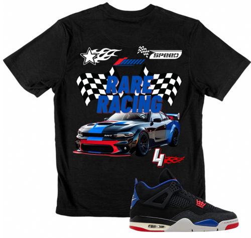 Black t-shirt with racing car design and matching Jordan Rare Air 4 sneaker on a white background