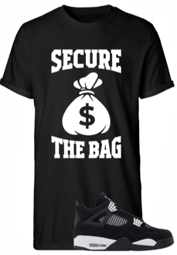 Black t-shirt with 'Secure the Bag' graphic and a black sneaker on a white background