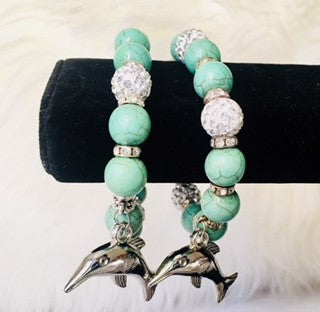 Green beaded Dolphin charm bracelet